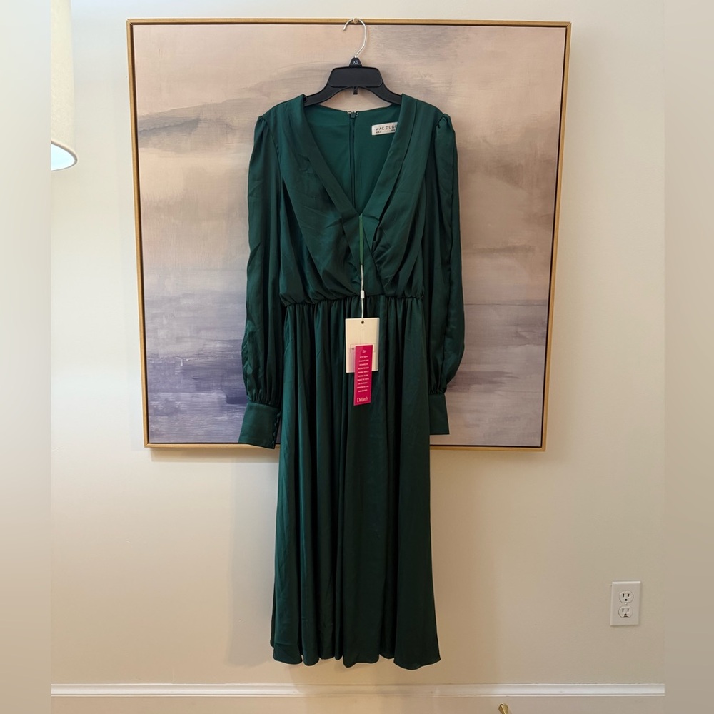 Mac Duggal Emerald Green Long Sleeve Bishop Satin Cocktail Dress